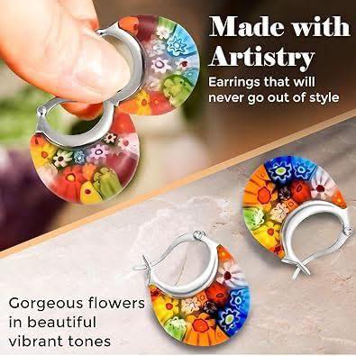 Murano Style Millefiori Glass Hoop Earrings