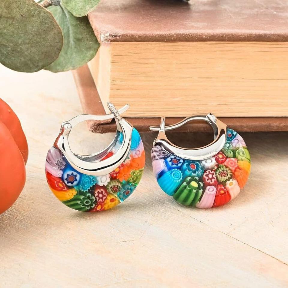 Murano Style Millefiori Glass Hoop Earrings
