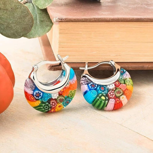 Murano Style Millefiori Glass Hoop Earrings