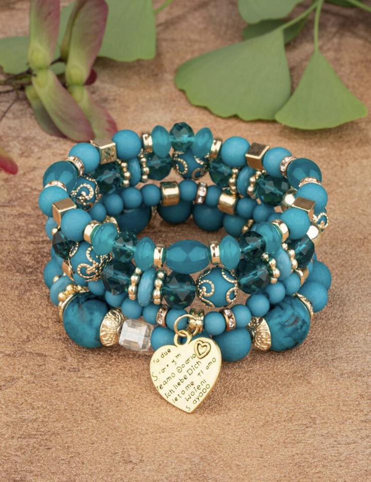 Blue Heart Charm Beads Layered Bracelet Set Bracelet