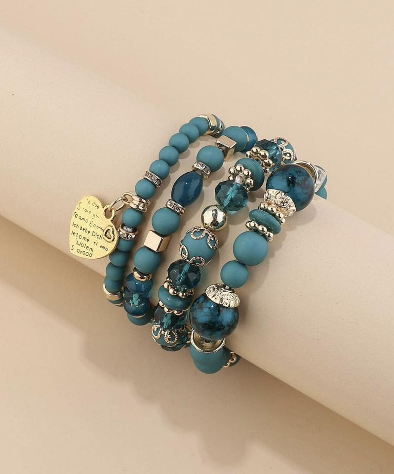 Blue Heart Charm Beads Layered Bracelet Set Bracelet