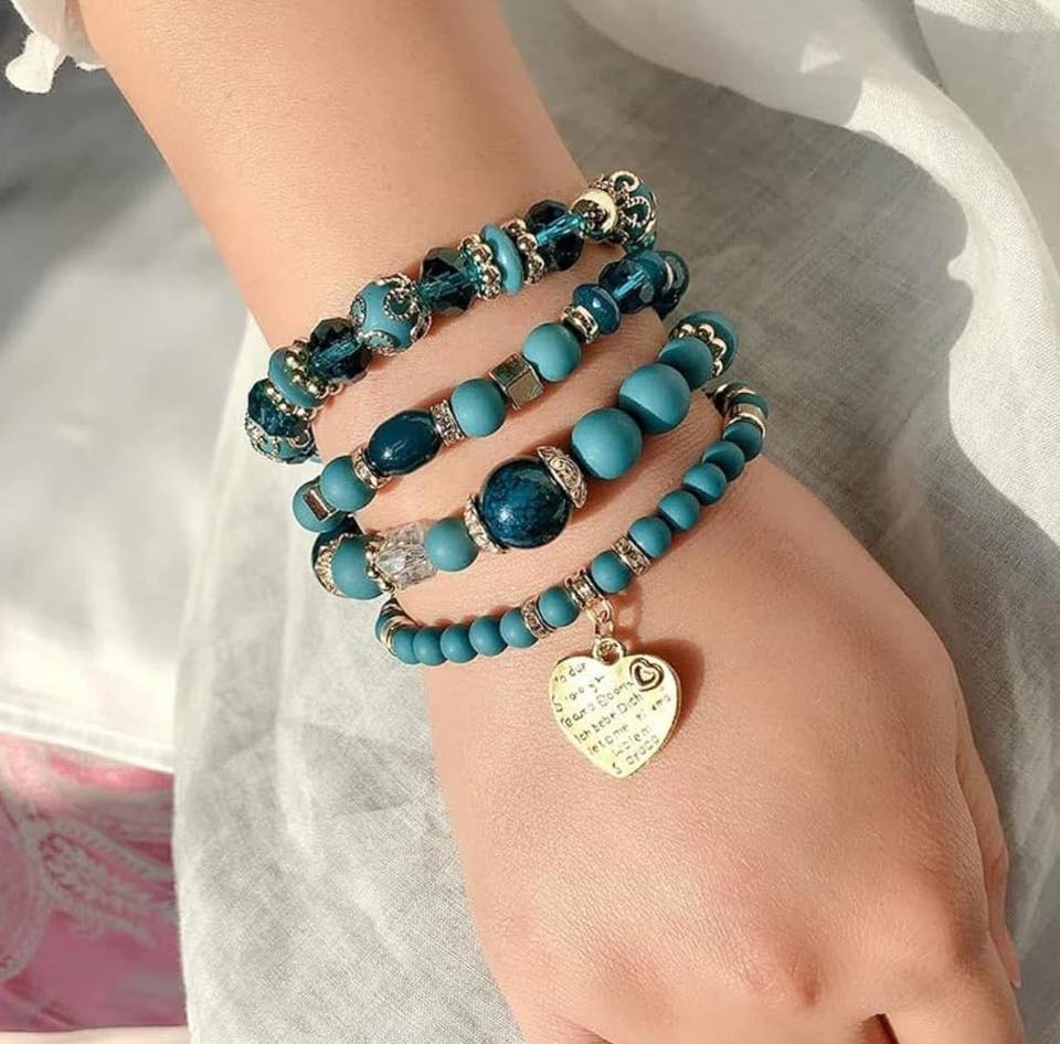 Blue Heart Charm Beads Layered Bracelet Set Bracelet